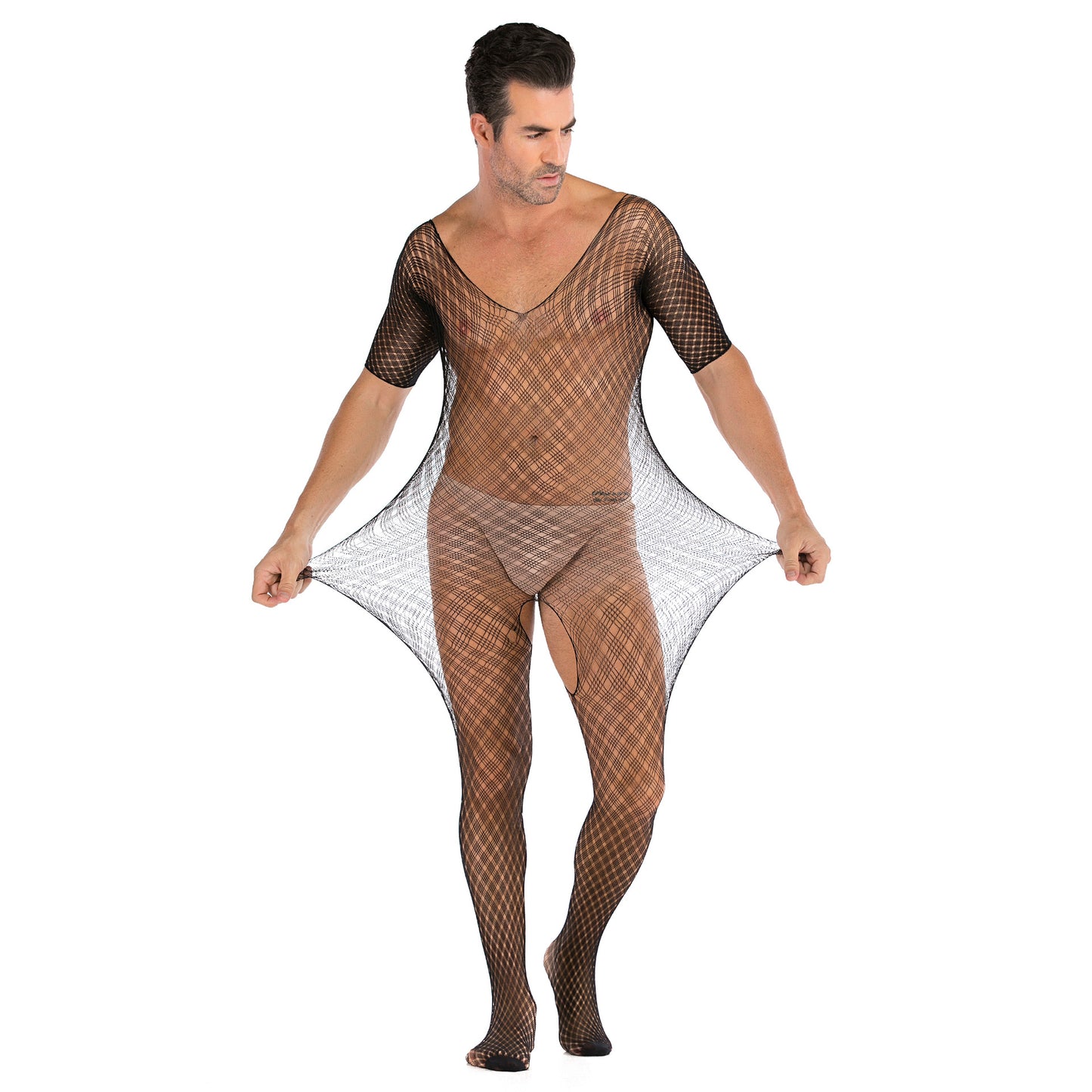 Men's Half-sleeve Siamese Stockings Open Sexy Mesh Net Clothes