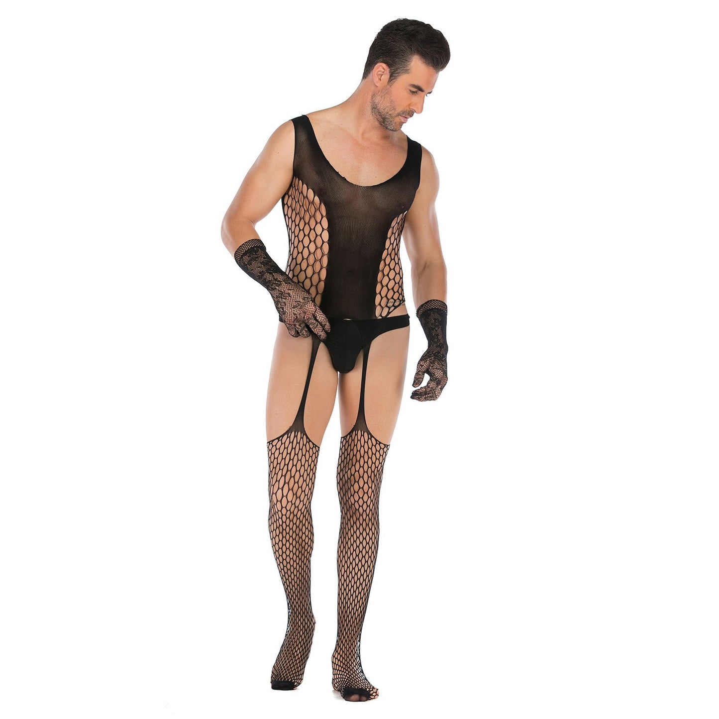 Men's Open Style Tempt High Elastic Jacquard One-piece Net with Lace Glove Set - lovemesexRainbowme Body Stocking