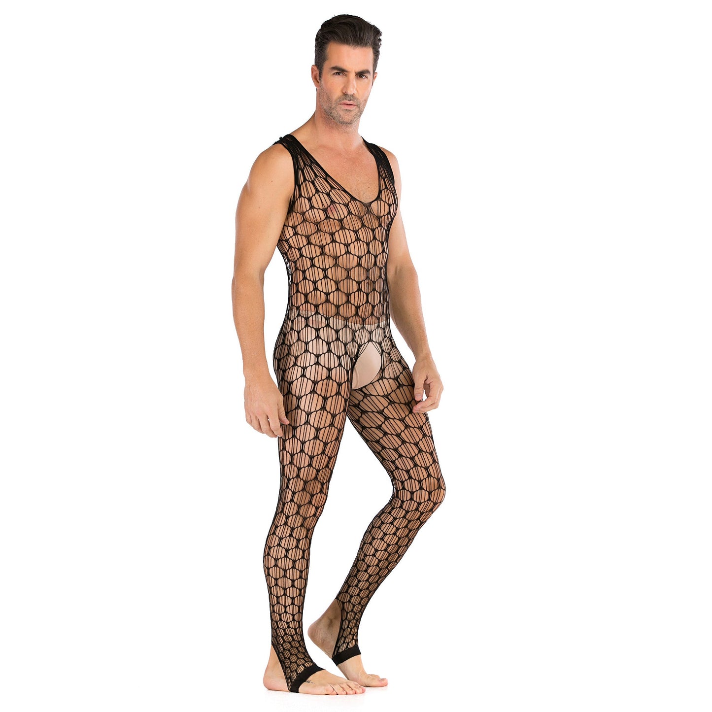 Men's Plus Size Super Elastic Black Sexy Mesh Openwork Fishnet Stockings - lovemesexRainbowme Body Stocking