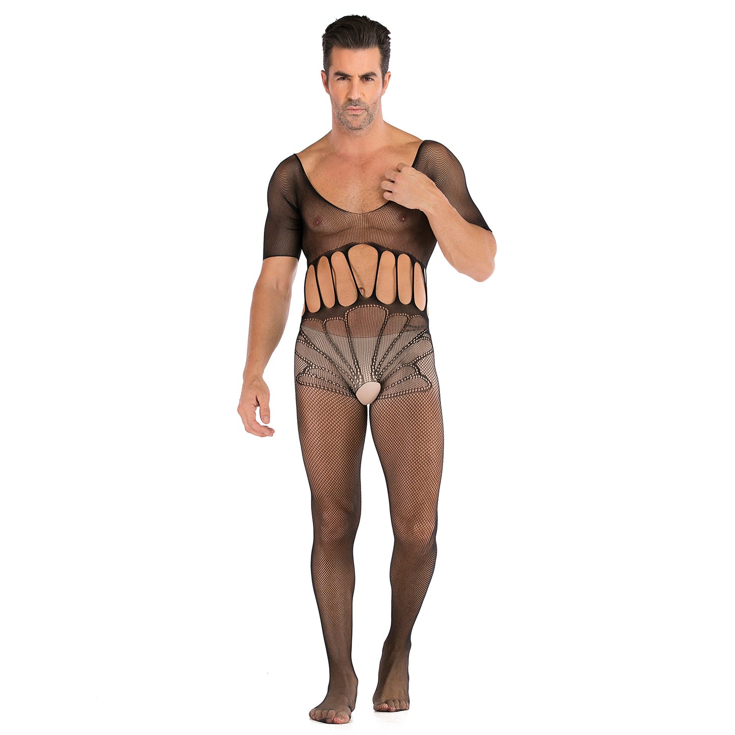 Men's Half Sleeve Sexy Jacquard Open One-piece Net