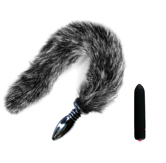 14" Salt and Pepper Fox Tail with Silicone Plug - lovemesexTail Plug