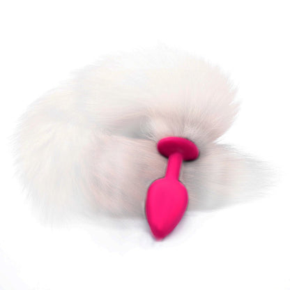 14" White Fox Tail with Pink Silicone Plug - lovemesexTail Plug