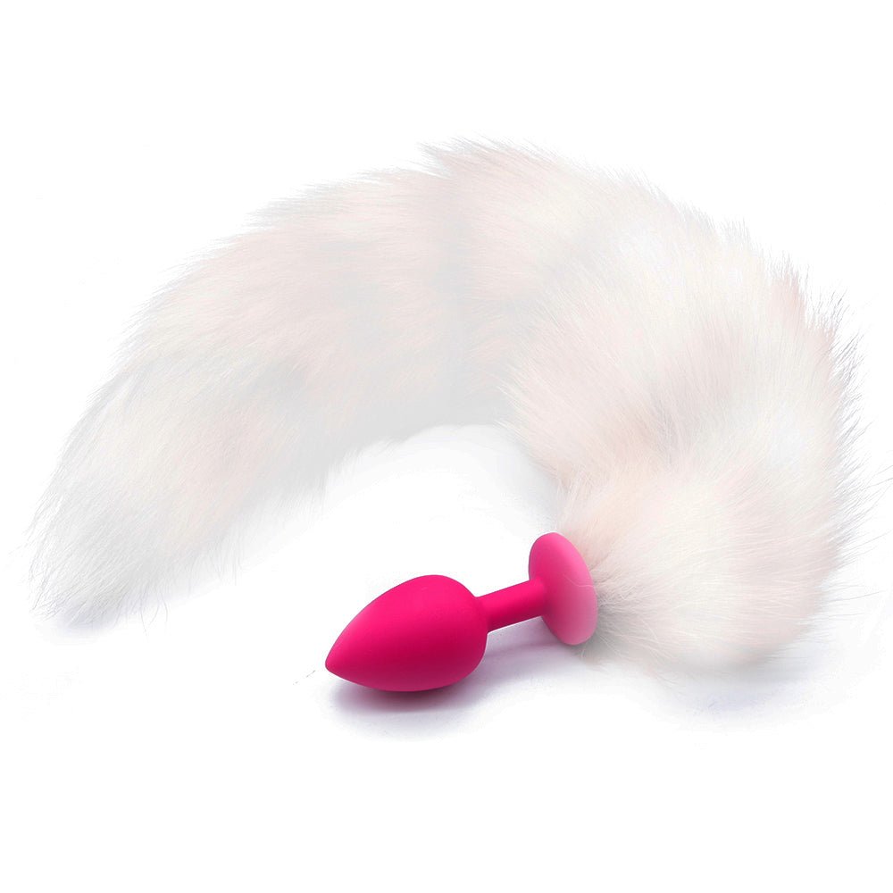 14" White Fox Tail with Pink Silicone Plug - lovemesexTail Plug