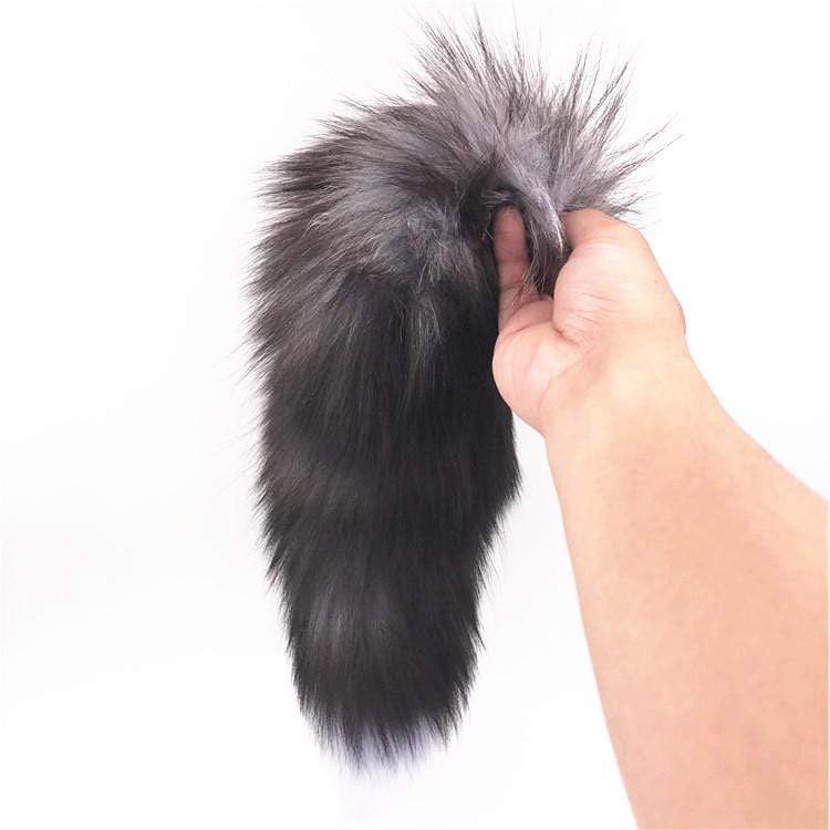 15" Dark Fox Tail with Black Frosted Metal Plug and Extra Vibrator - lovemesexTail Plug
