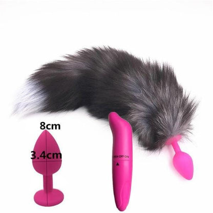 15" Dark Fox Tail with Pink Silicone Princess-type Plug and Extra Vibrator - lovemesexTail Plug
