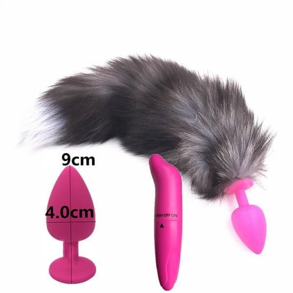 15" Dark Fox Tail with Pink Silicone Princess-type Plug and Extra Vibrator - lovemesexTail Plug