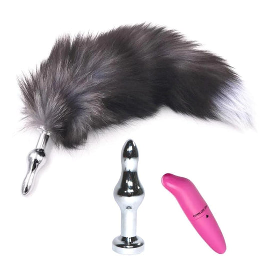 15" Dark Fox Tail with Veteran Style Plug and Extra Vibrator - lovemesexTail Plug