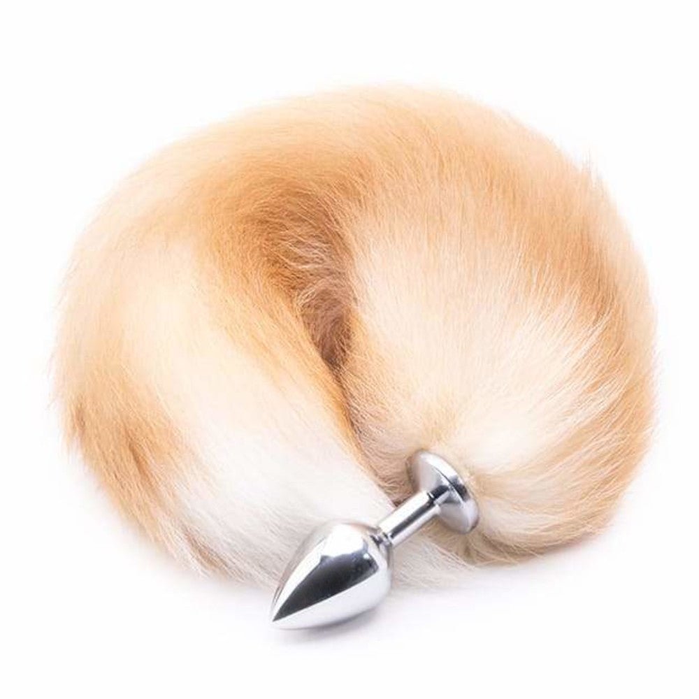 16" - 17" Light Brown Fox Tail Metal Butt Plug - lovemesexTail Plug