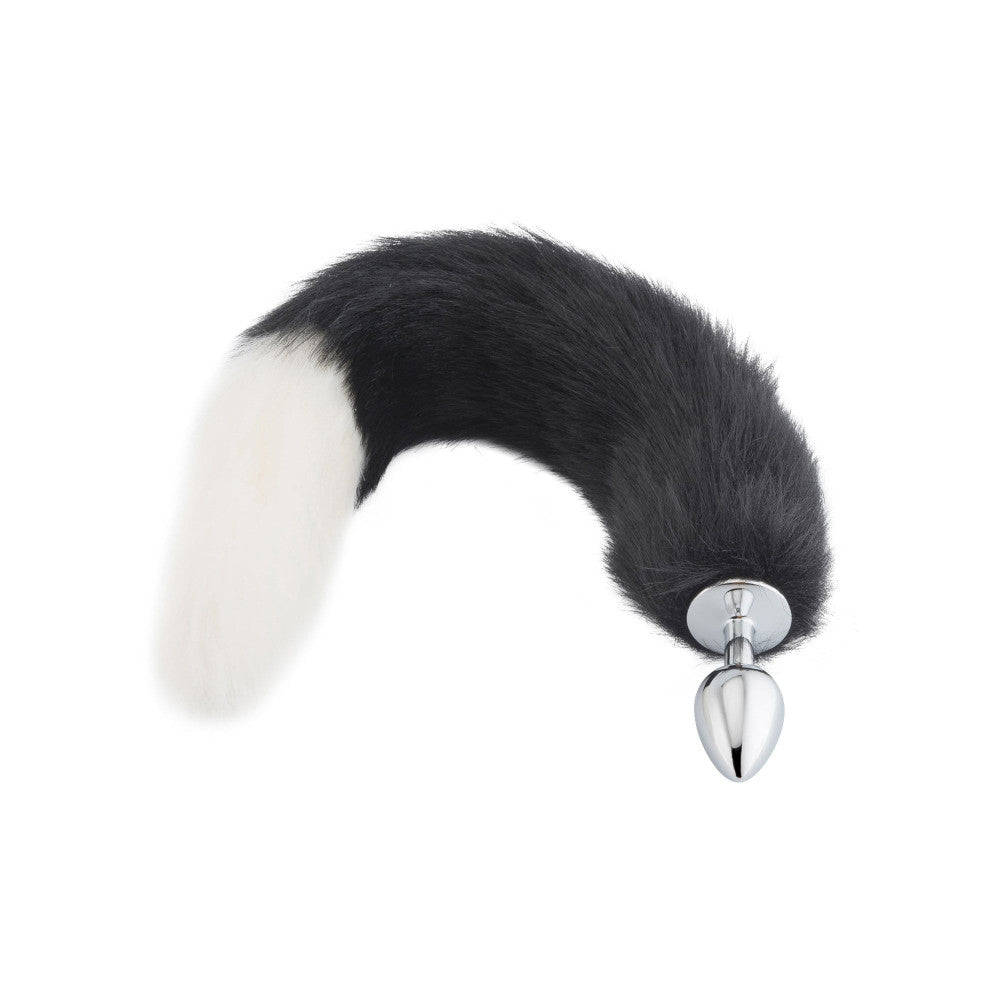 18" Black With White Fox Tail Metal Plug - lovemesexTail Plug