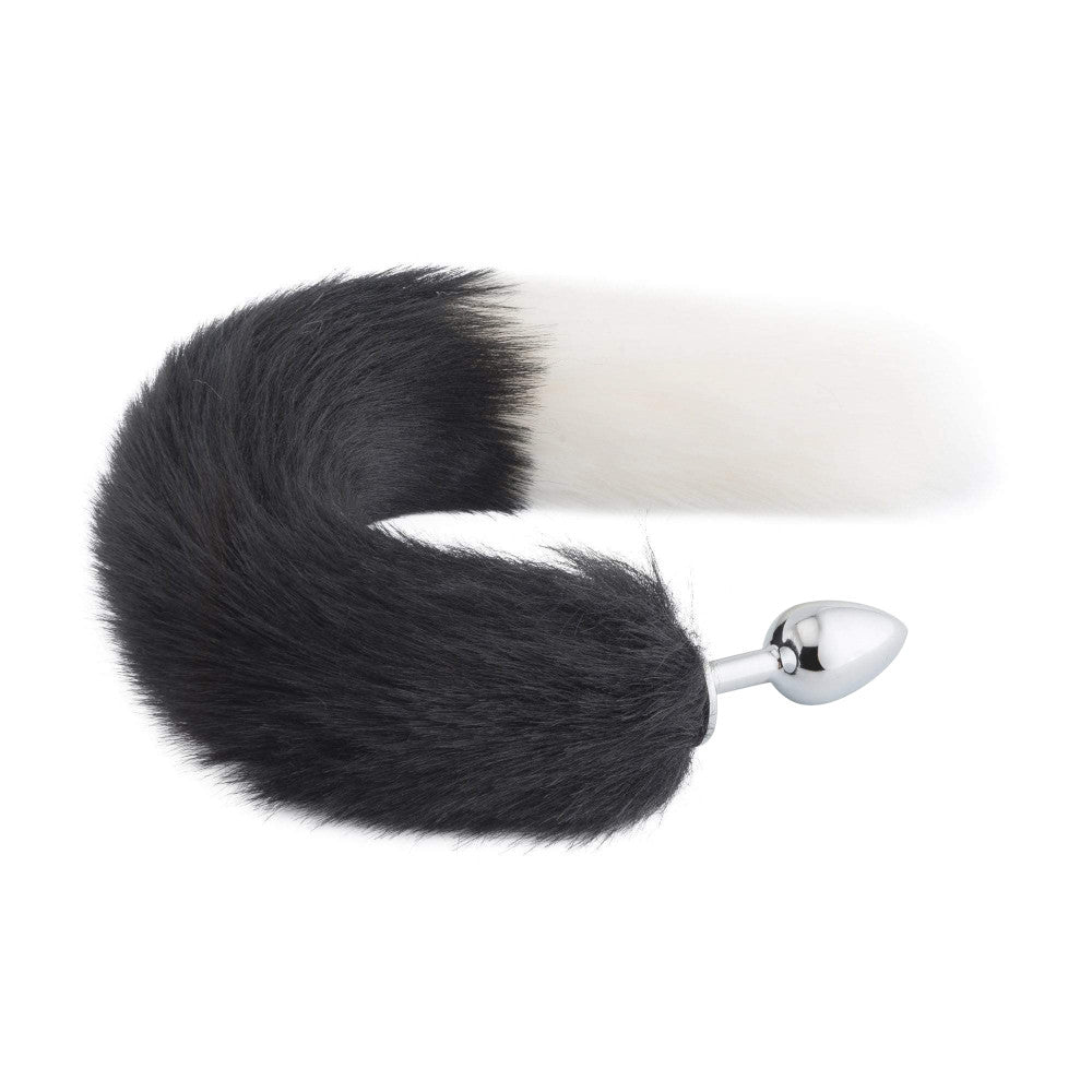 18" Black With White Fox Tail Metal Plug - lovemesexTail Plug