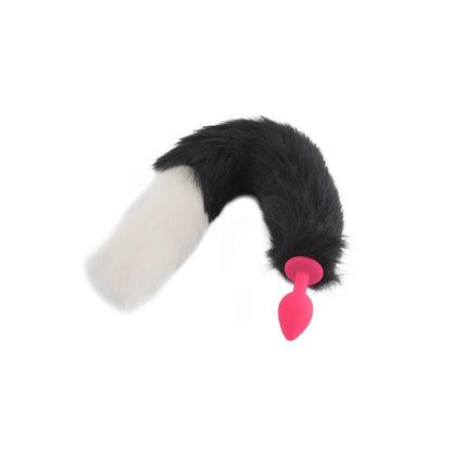 18" Black With White Fox Tail Silicone Plug - lovemesexTail Plug