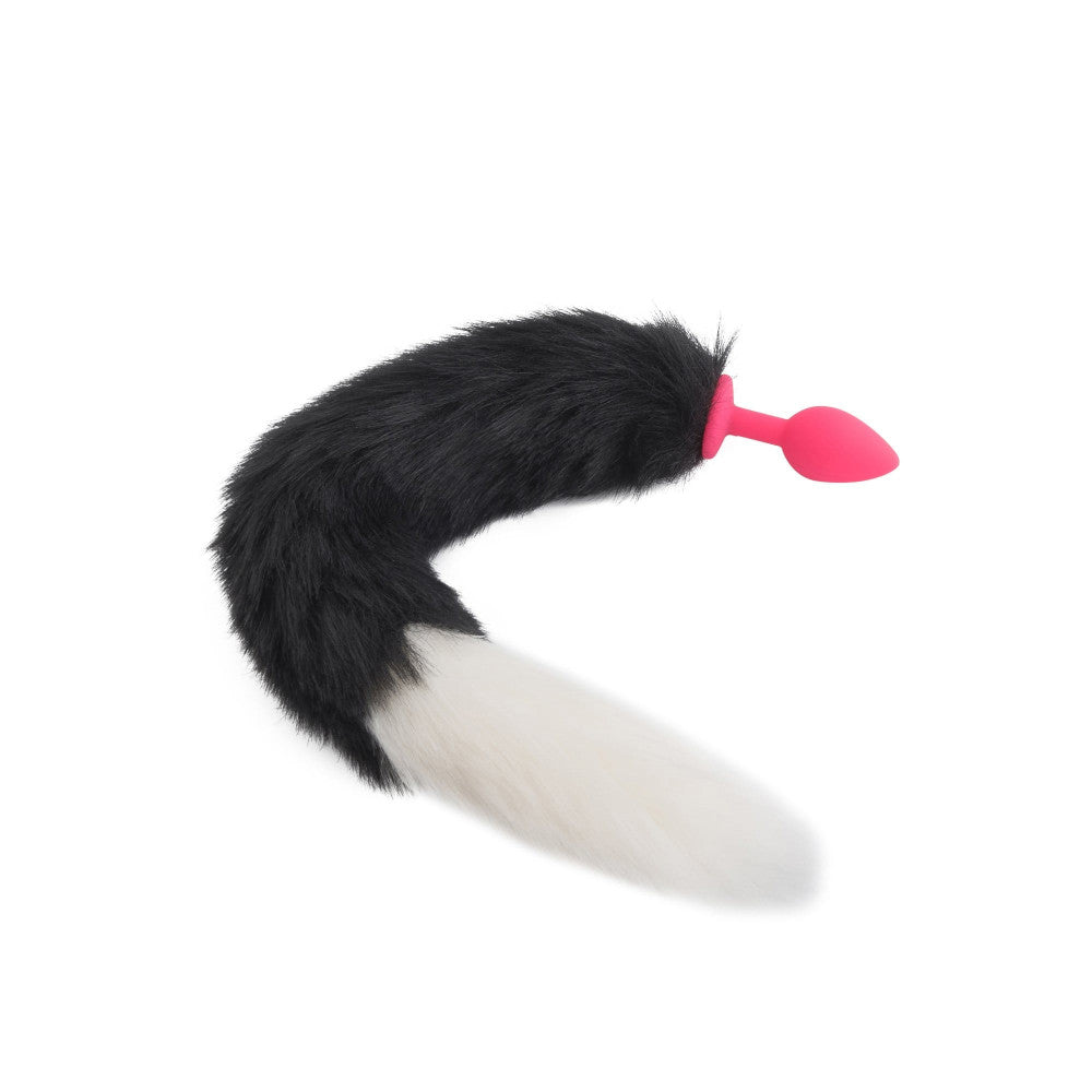 18" Black With White Fox Tail Silicone Plug - lovemesexTail Plug