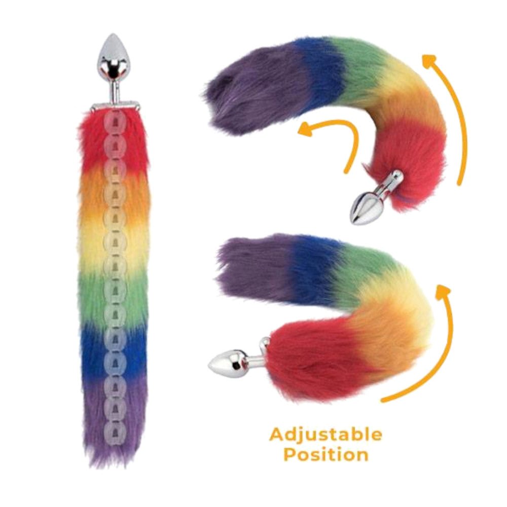 18" Shapeable Rainbow Colored Fox Tail Metal Plug - lovemesexTail Plug