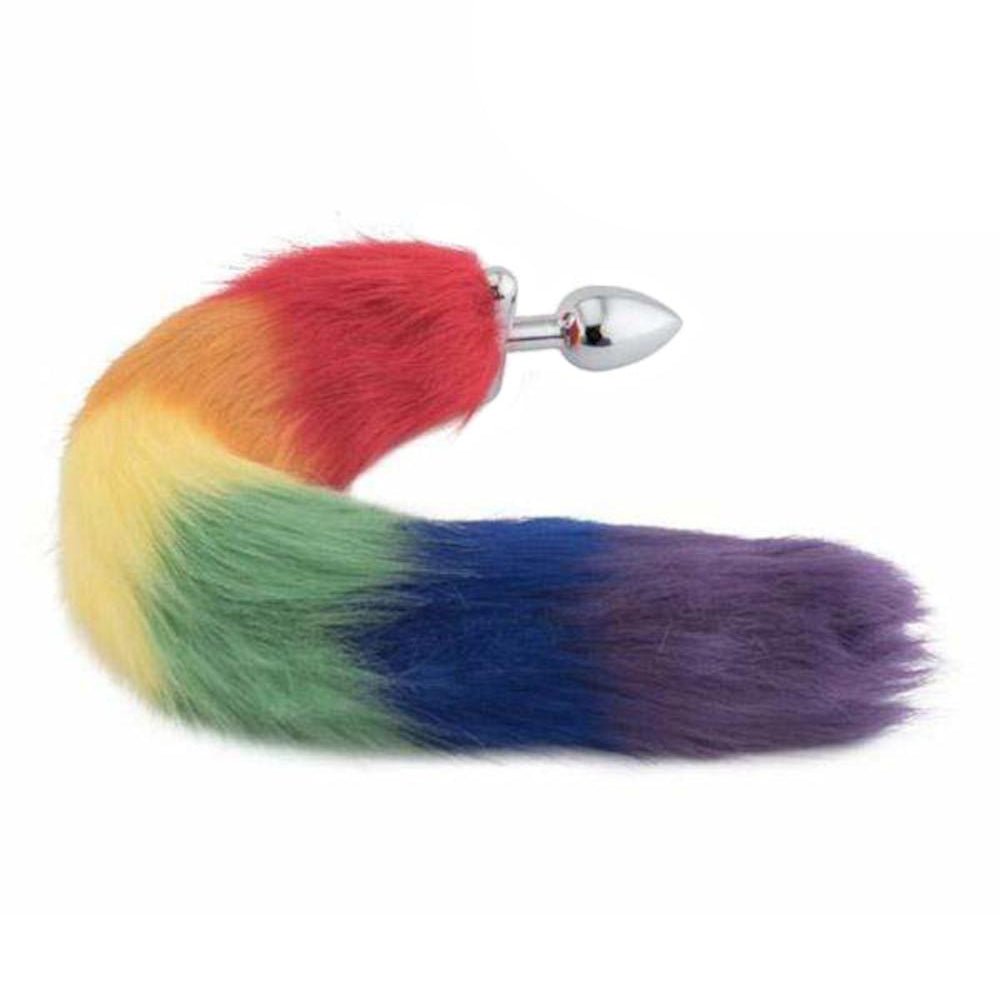 18" Shapeable Rainbow Colored Fox Tail Metal Plug - lovemesexTail Plug