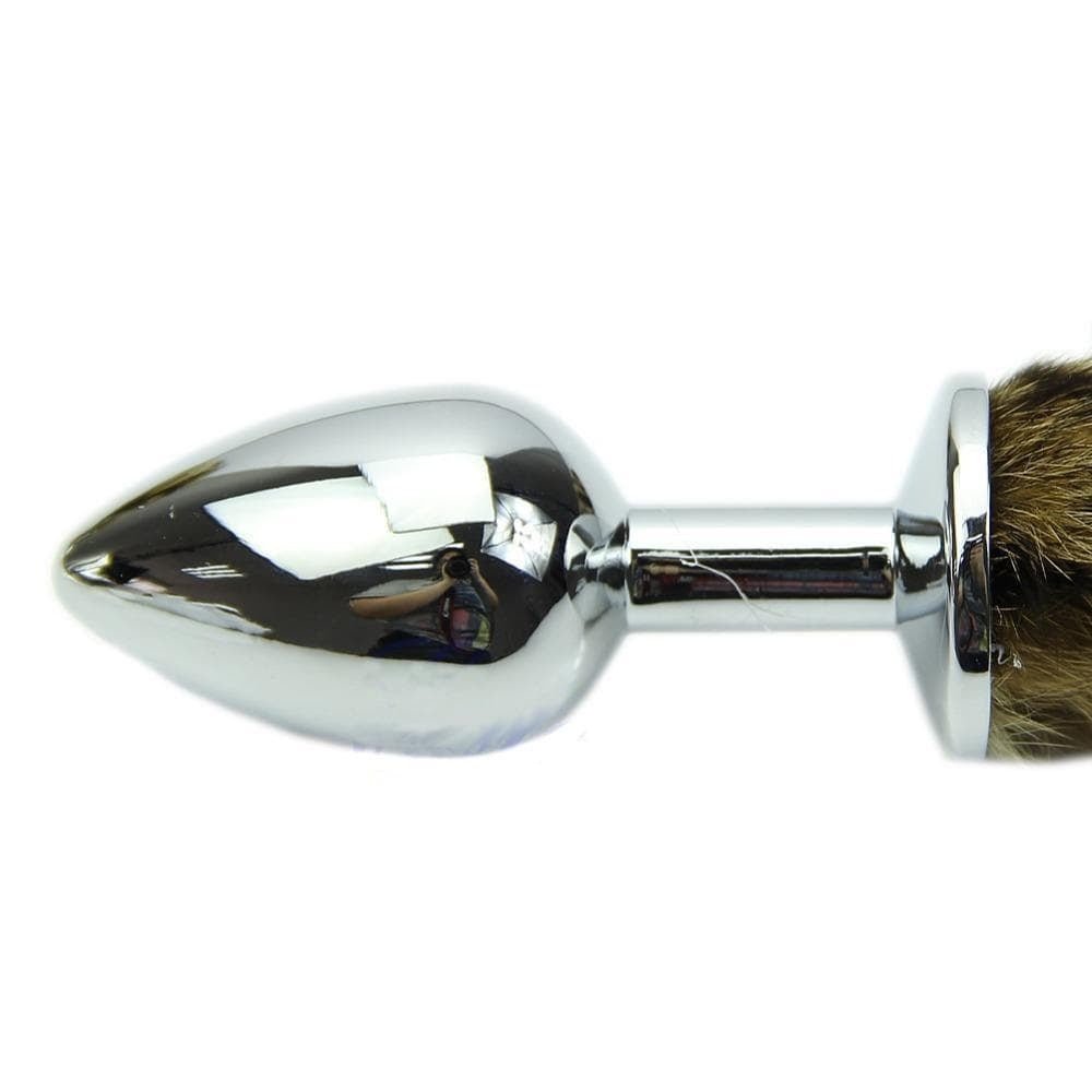8" Tail Plug Khaki and black Raccoon Tail Plug Stainless steel - lovemesexTail Plug