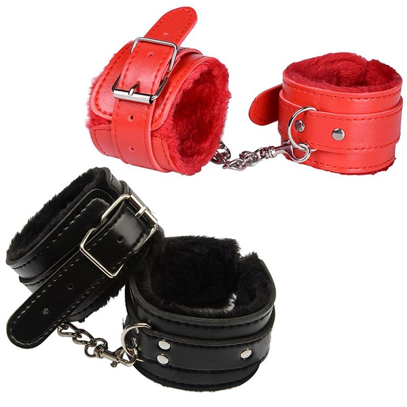 Sexy Adjustable PU Leather Plush Handcuffs Kinky Toy