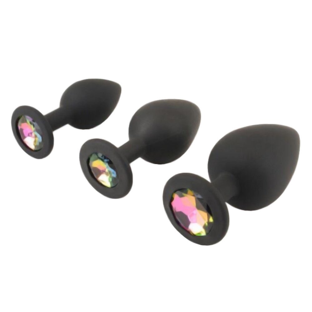 Colorful Jeweled Black Silicone Princess Plugs, 3 Piece Set - lovemesex