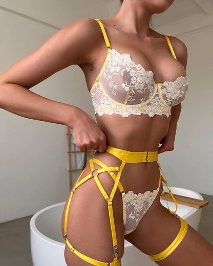 Love Me Embroidery Intricate Strapping Four-piece Set - lovemesexlingerie set