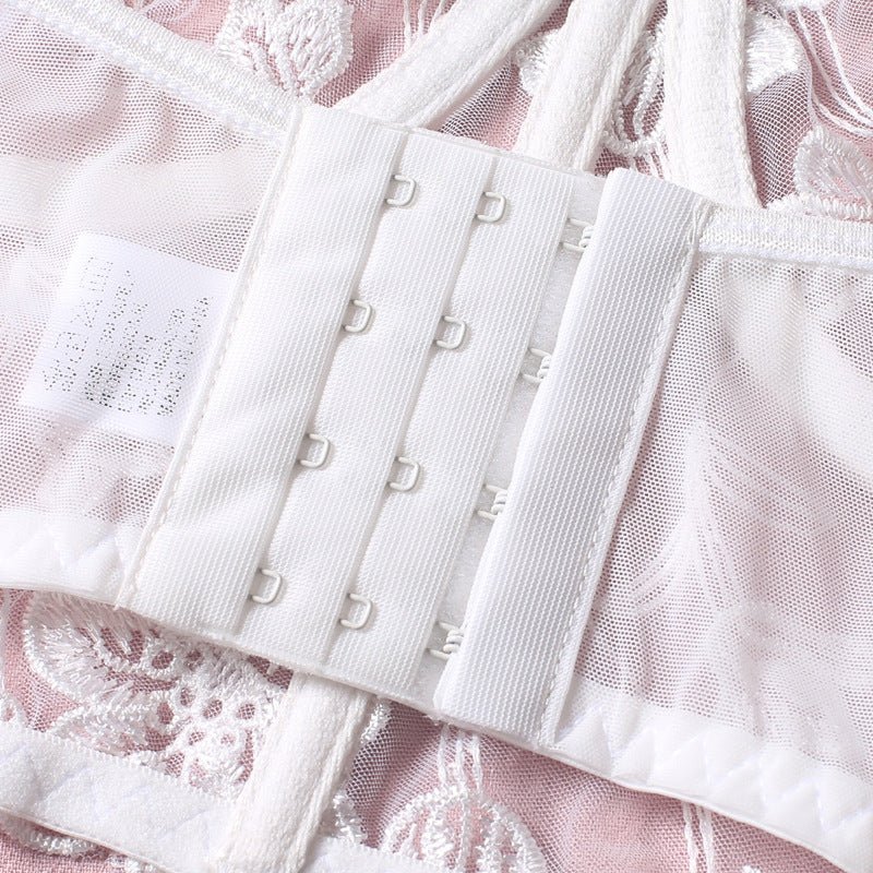 Love Me Lace Embroidered Breastless Steel Ring Fishbone Underwear Set - lovemesexlingerie set