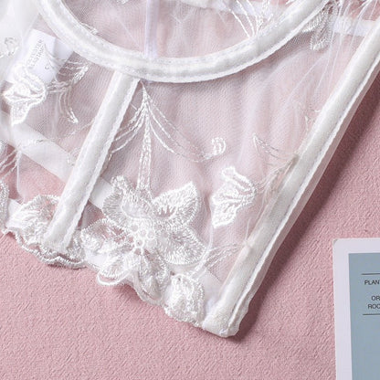 Love Me Lace Embroidered Breastless Steel Ring Fishbone Underwear Set - lovemesexlingerie set