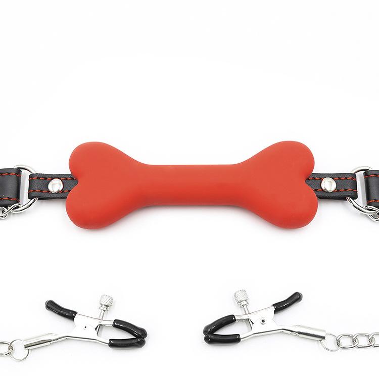 Lovemesex Gag Silicone Bone Red with Nipple Clamp - lovemesexBlindfolds, Masks and Gags