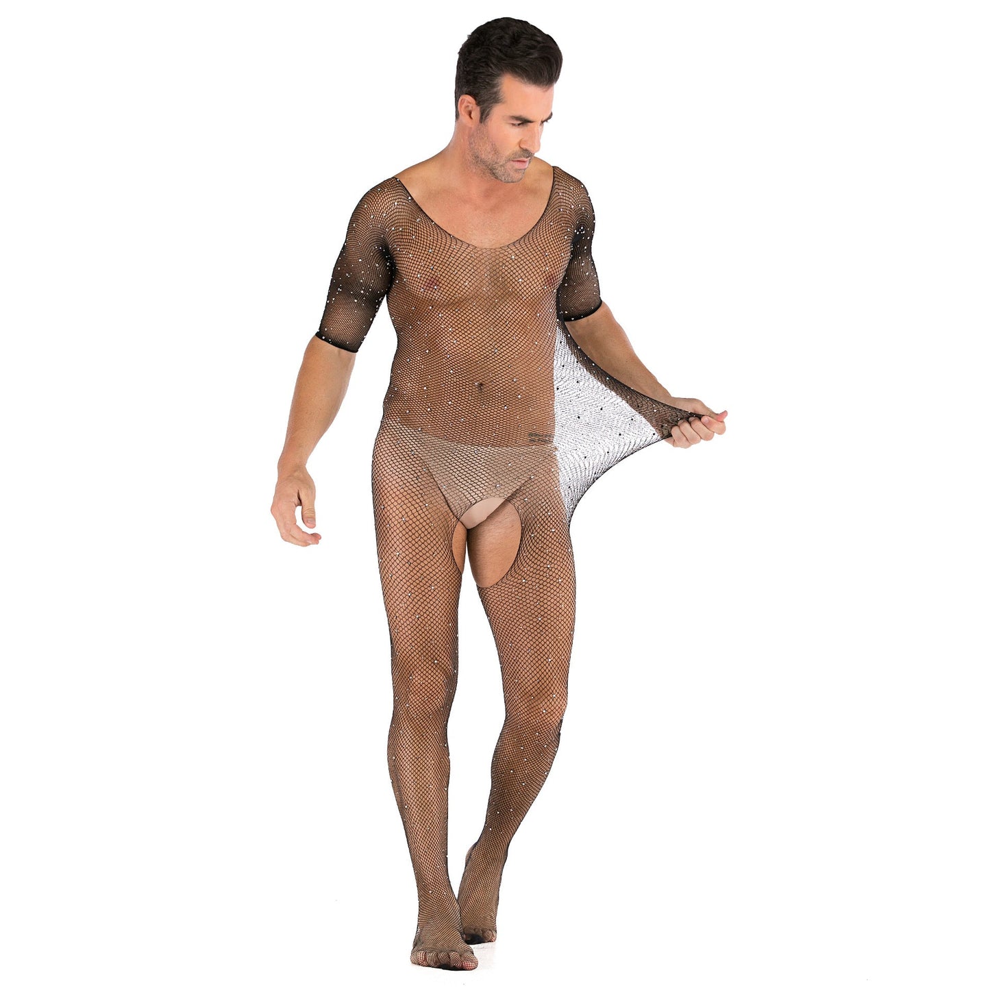 Men's Long Sleeved One-piece Shiny with Diamond - lovemesexRainbowme Body Stocking
