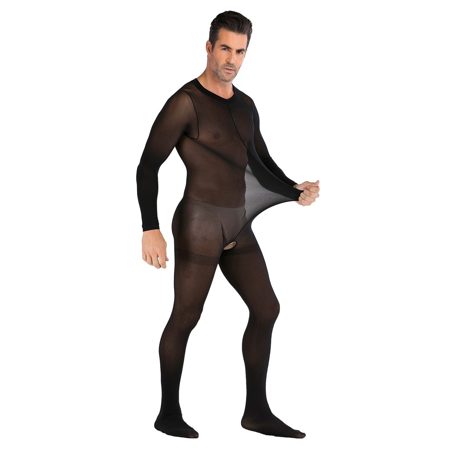 Men's One-piece Silk Stockings with Long Sleeves Open - lovemesexRainbowme Body Stocking