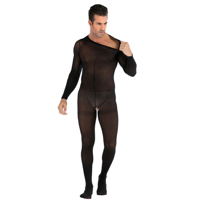 Men's One-piece Silk Stockings with Long Sleeves Open - lovemesexRainbowme Body Stocking
