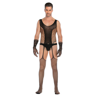 Men's Open Style Tempt High Elastic Jacquard One-piece Net with Lace Glove Set - lovemesexRainbowme Body Stocking