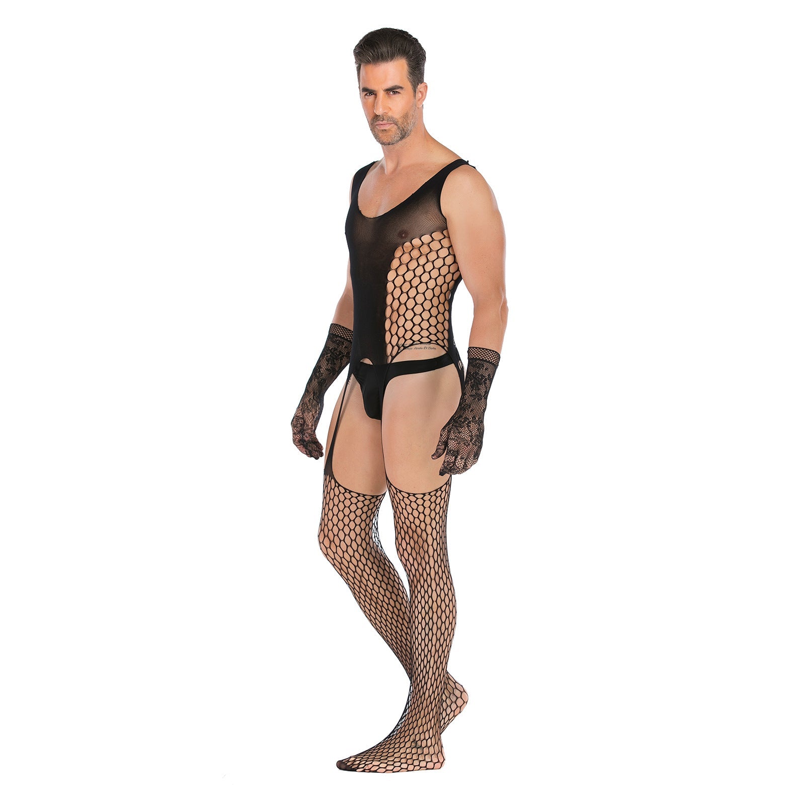 Men's Open Style Tempt High Elastic Jacquard One-piece Net with Lace Glove Set - lovemesexRainbowme Body Stocking