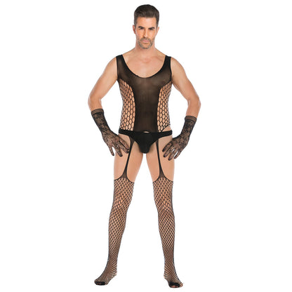 Men's Open Style Tempt High Elastic Jacquard One-piece Net with Lace Glove Set - lovemesexRainbowme Body Stocking