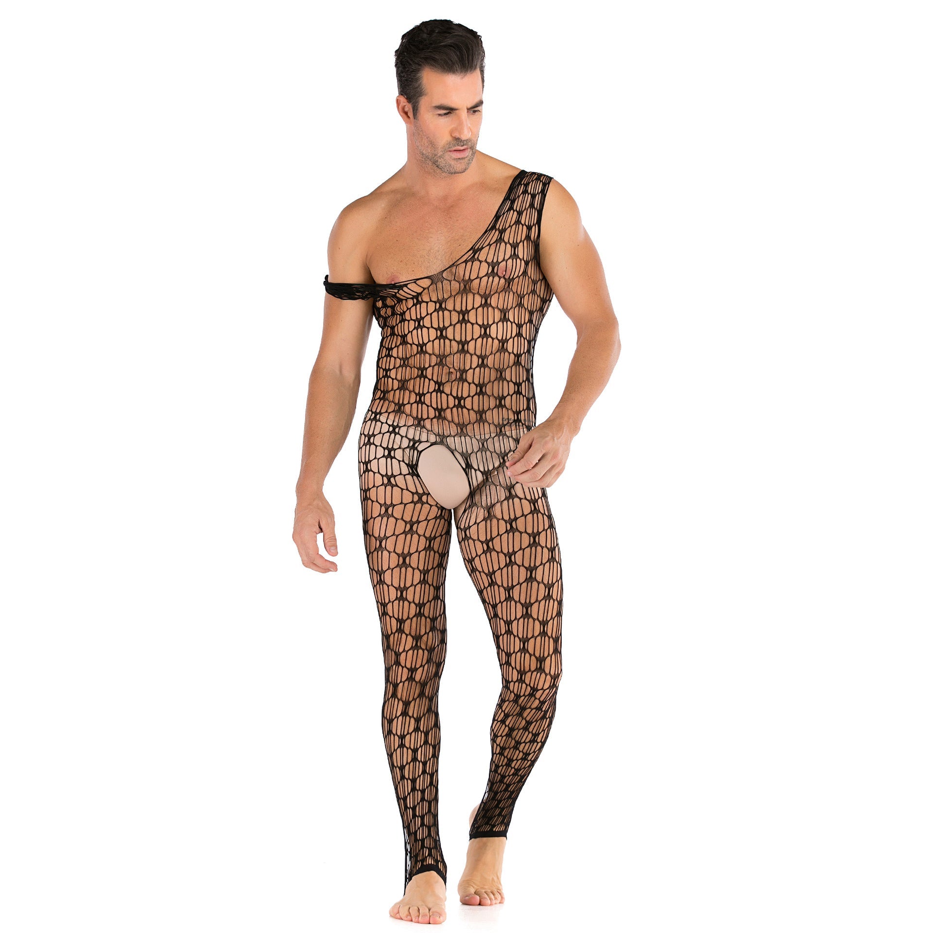 Men's Plus Size Super Elastic Black Sexy Mesh Openwork Fishnet Stockings - lovemesexRainbowme Body Stocking
