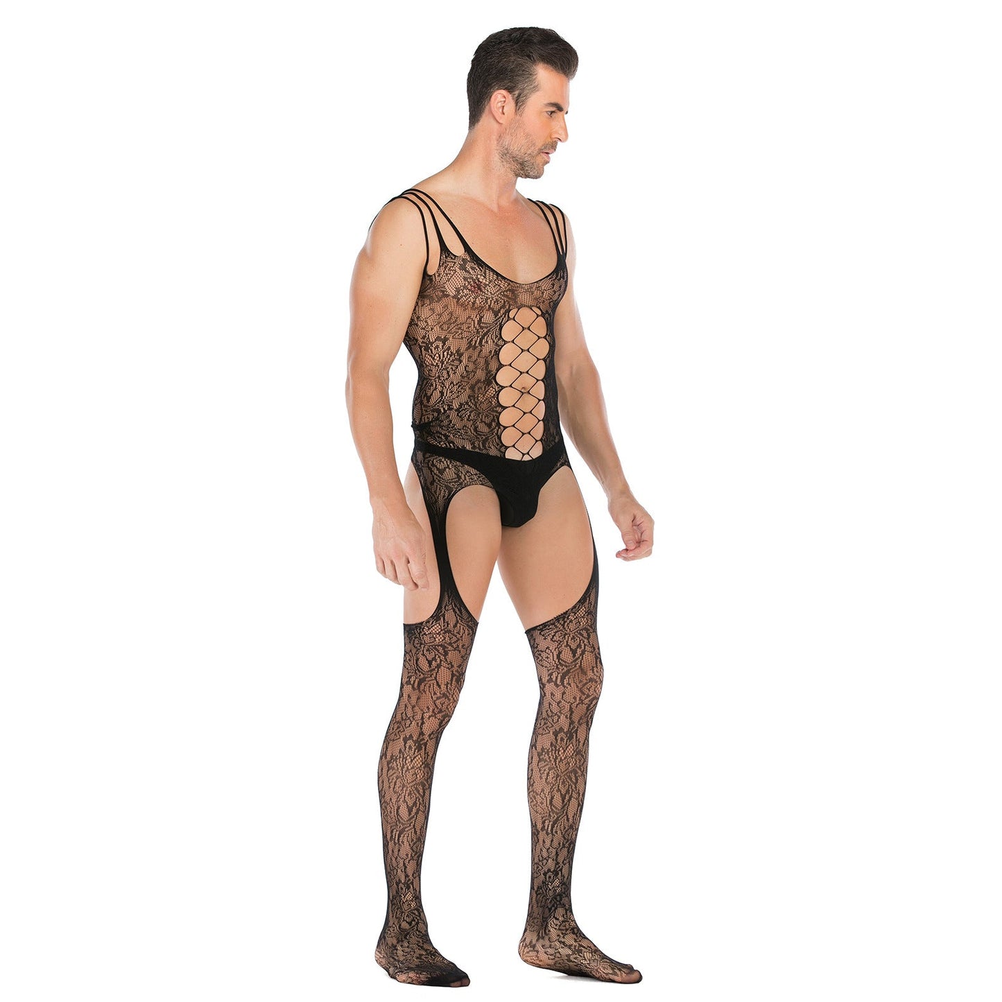 Men's Sleeveless Jacquard High Split Sexy Opening Gear Body Stocking - lovemesexRainbowme Body Stocking